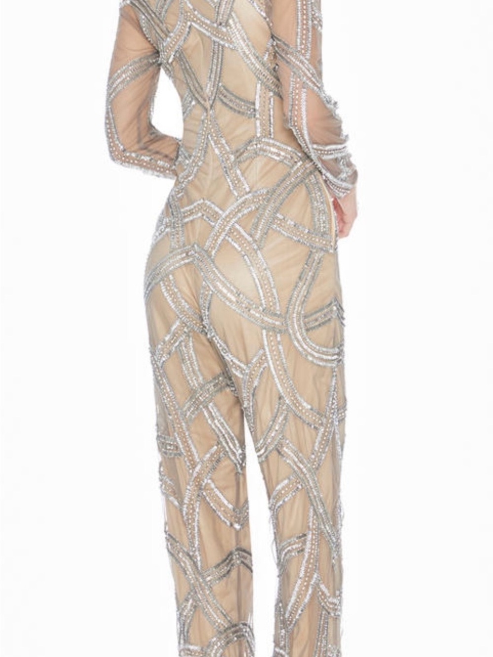 Beaded Nude Keyhole Long-Sleeve Jumpsuit - Picture 3 of 3
